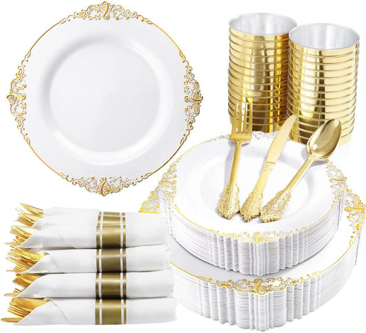 350PCS Gold Plastic Plates - Gold Plastic Dinnerware Sets for 50 Guests - 100 Gold Disposable Plates, 150 Gold Plastic Silverware, 50 Cups, 50 Napkins for Wedding & Party