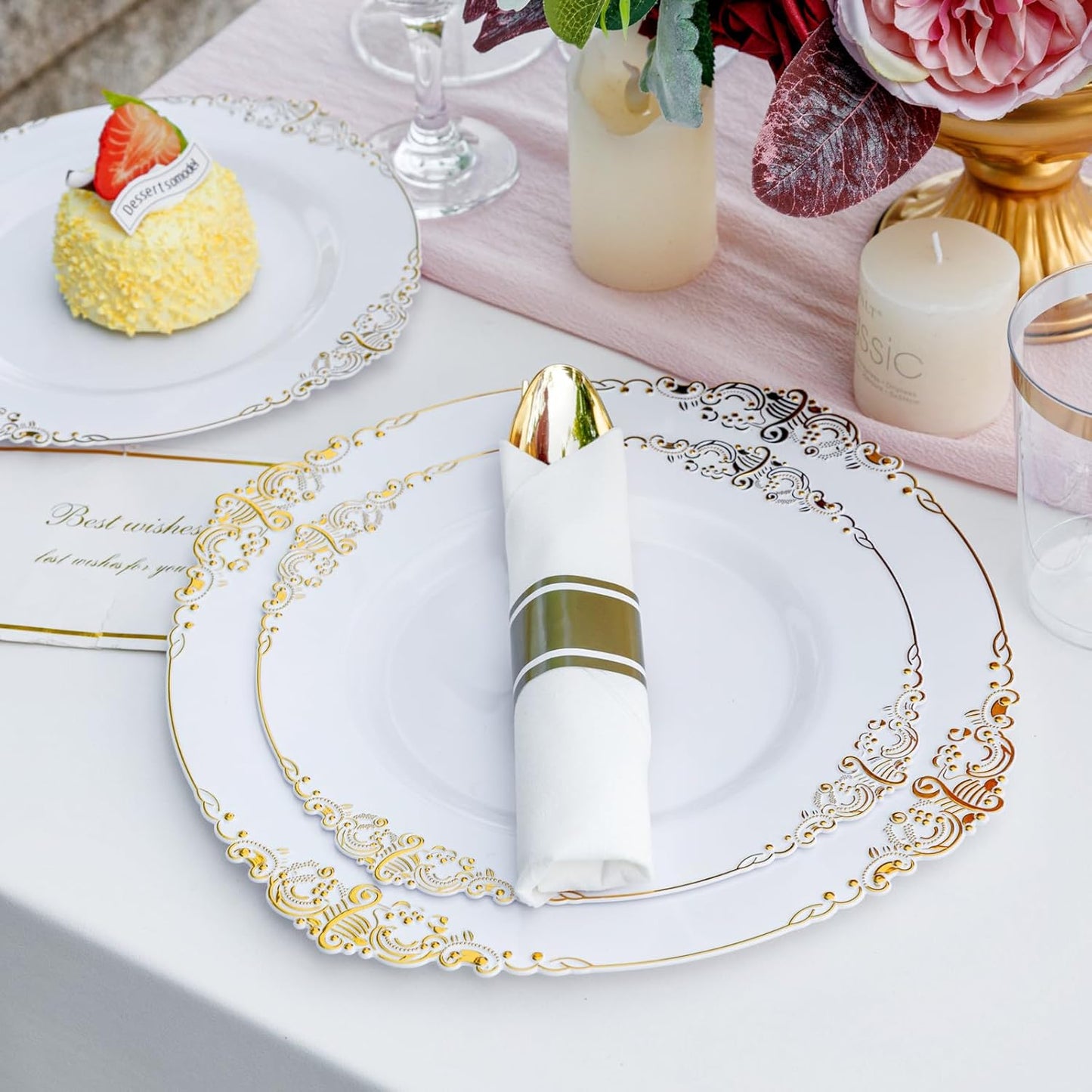 350PCS Gold Plastic Plates - Gold Plastic Dinnerware Sets for 50 Guests - 100 Gold Disposable Plates, 150 Gold Plastic Silverware, 50 Cups, 50 Napkins for Wedding & Party