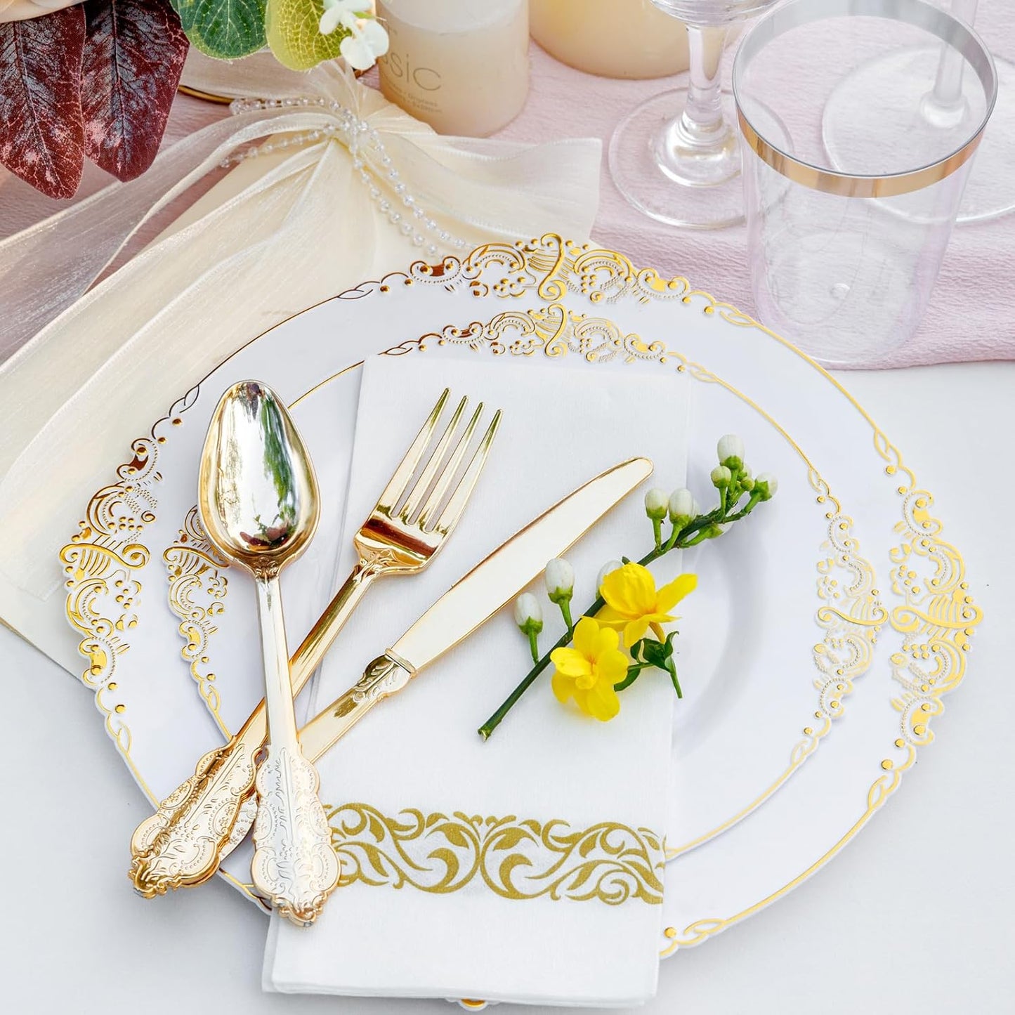 350PCS Gold Plastic Plates - Gold Plastic Dinnerware Sets for 50 Guests - 100 Gold Disposable Plates, 150 Gold Plastic Silverware, 50 Cups, 50 Napkins for Wedding & Party