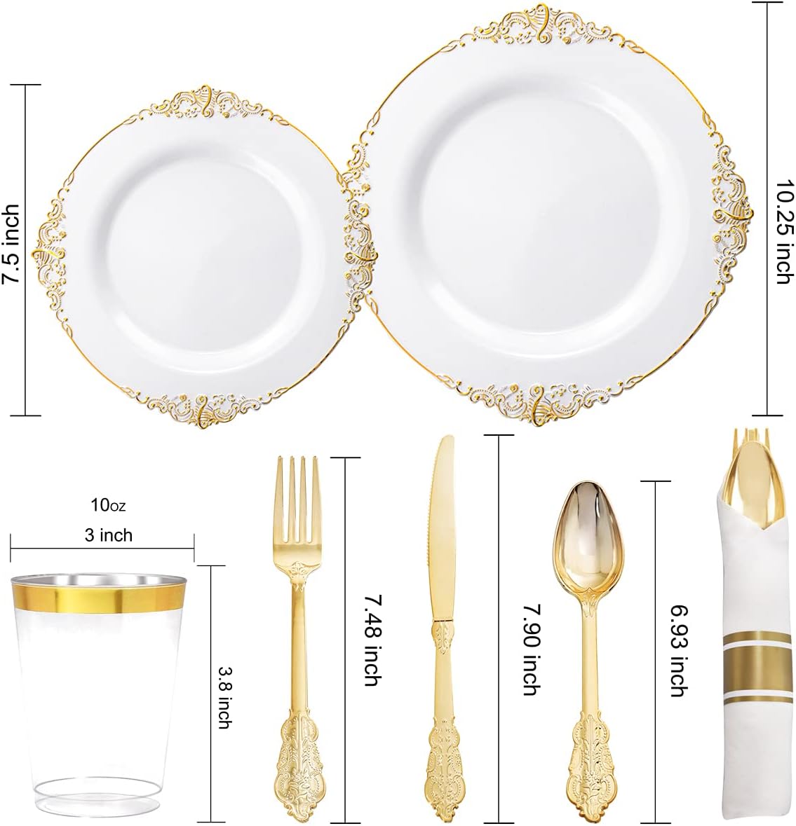 350PCS Gold Plastic Plates - Gold Plastic Dinnerware Sets for 50 Guests - 100 Gold Disposable Plates, 150 Gold Plastic Silverware, 50 Cups, 50 Napkins for Wedding & Party