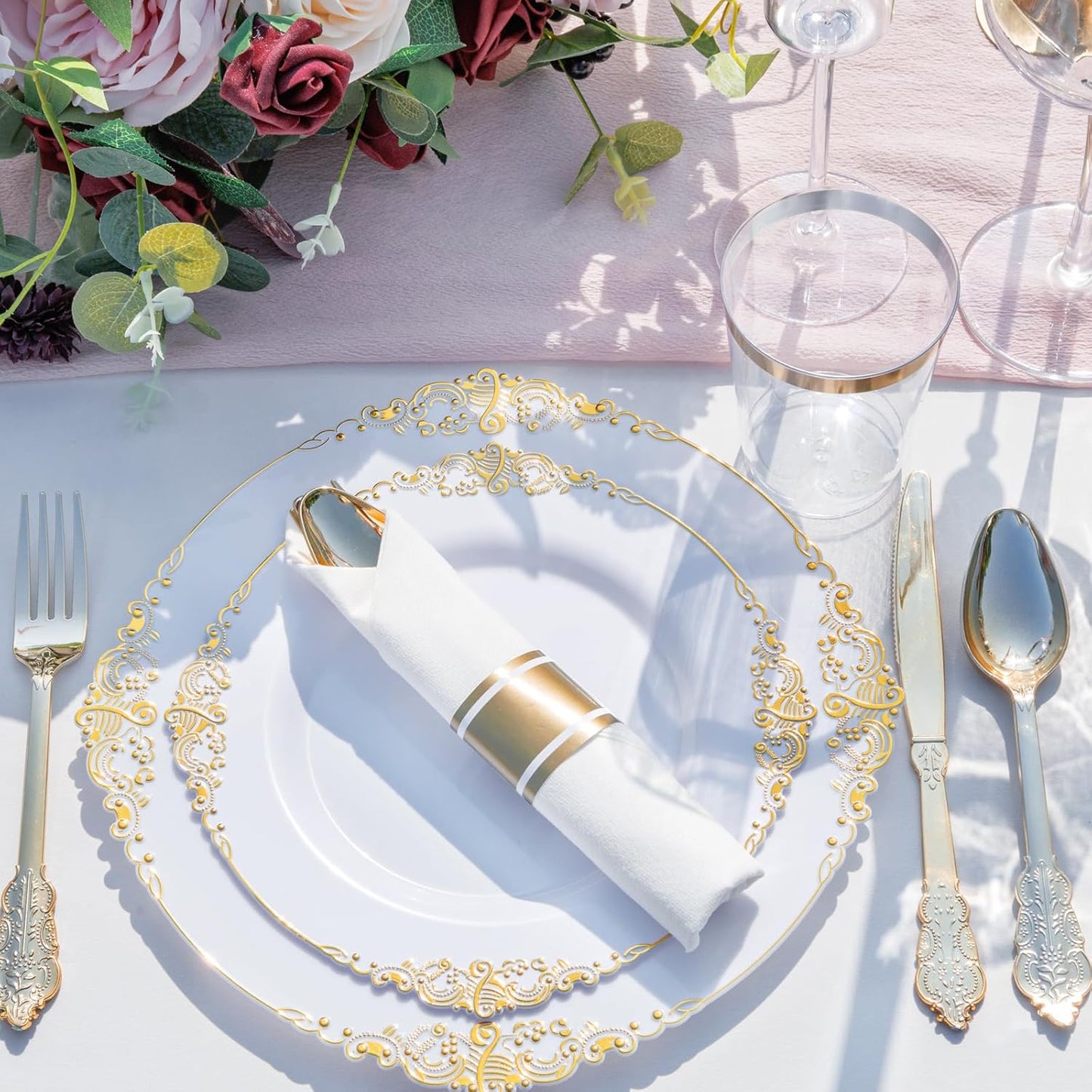 350PCS Gold Plastic Plates - Gold Plastic Dinnerware Sets for 50 Guests - 100 Gold Disposable Plates, 150 Gold Plastic Silverware, 50 Cups, 50 Napkins for Wedding & Party